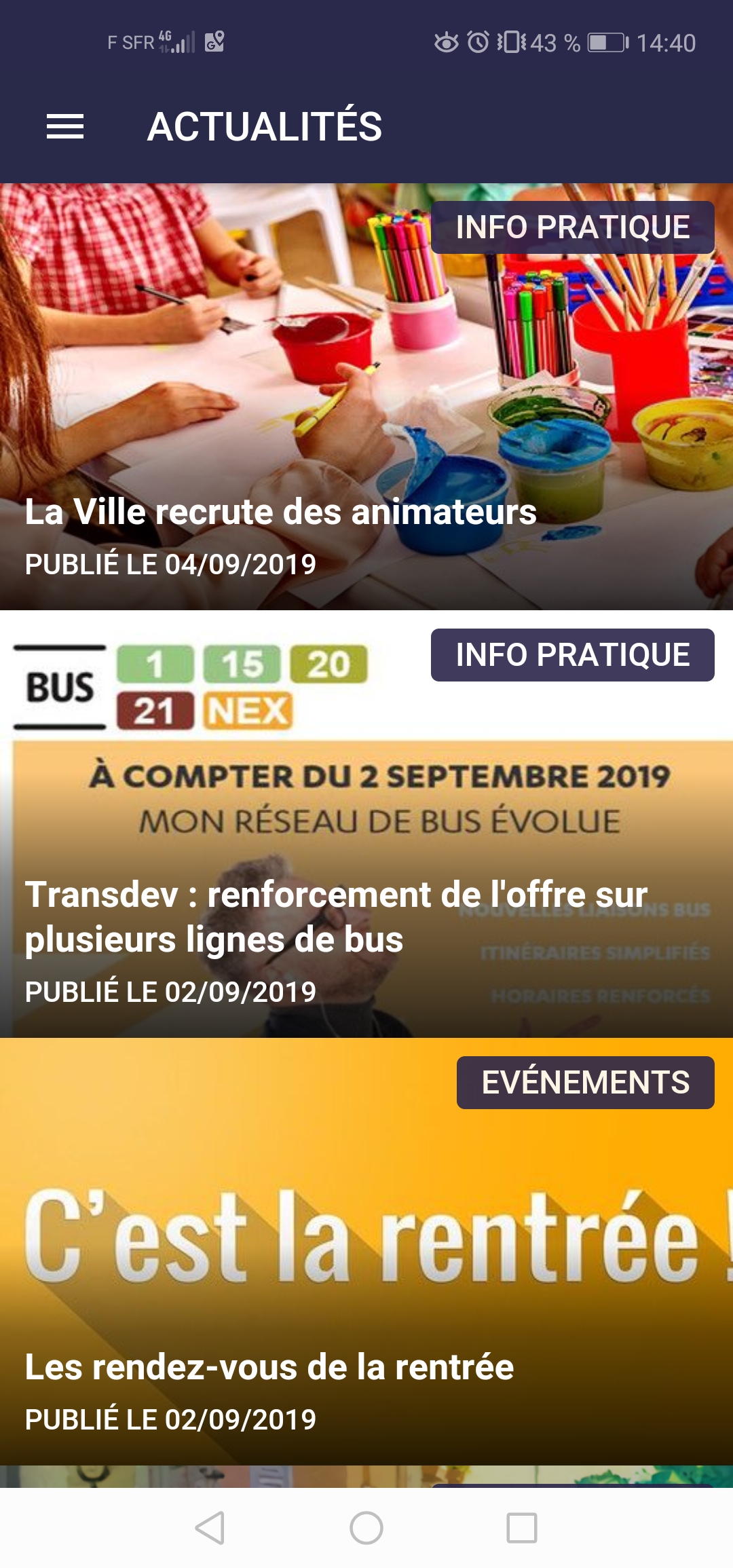 Rubrique "Actualités" de l'application mobile SGLL