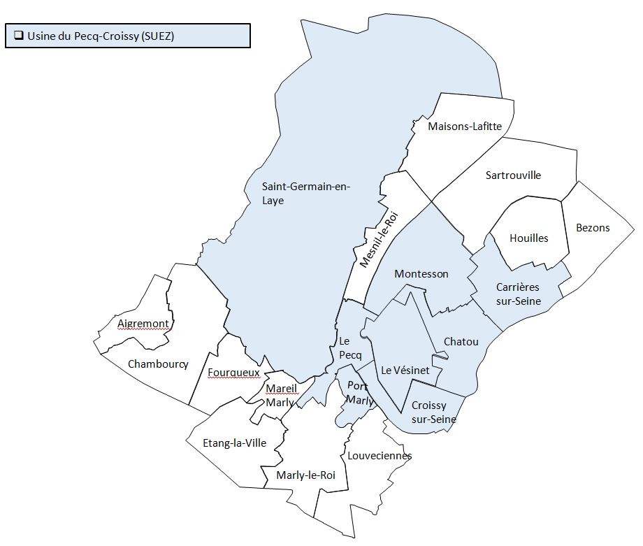 Carte des communes bénéficiant de l'unité d'eau adoucie Le Pecq-Croissy : Carrières-Sur-Seine, Chatou, Croissy-sur-Seine, Le Pecq, Le Port-Marly, Le Vésinet, Montesson, St Germain-en-Laye. 
